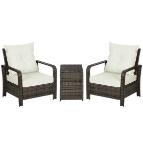 Outsunny 3-Piece Rattan Wicker Bistro Set with Storage Table, Outdoor Patio Conversation Set with Washable Cushions, Garden Furniture
