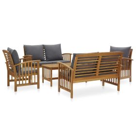 5 Piece Patio Lounge Set with Cushions Solid Acacia Wood (Color: Brown)
