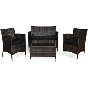 4 Pieces Comfortable Outdoor Rattan Sofa Set with Table (Color: Black)
