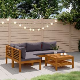 5 Piece Patio Lounge Set with Cushion Solid Acacia Wood (Color: Grey)